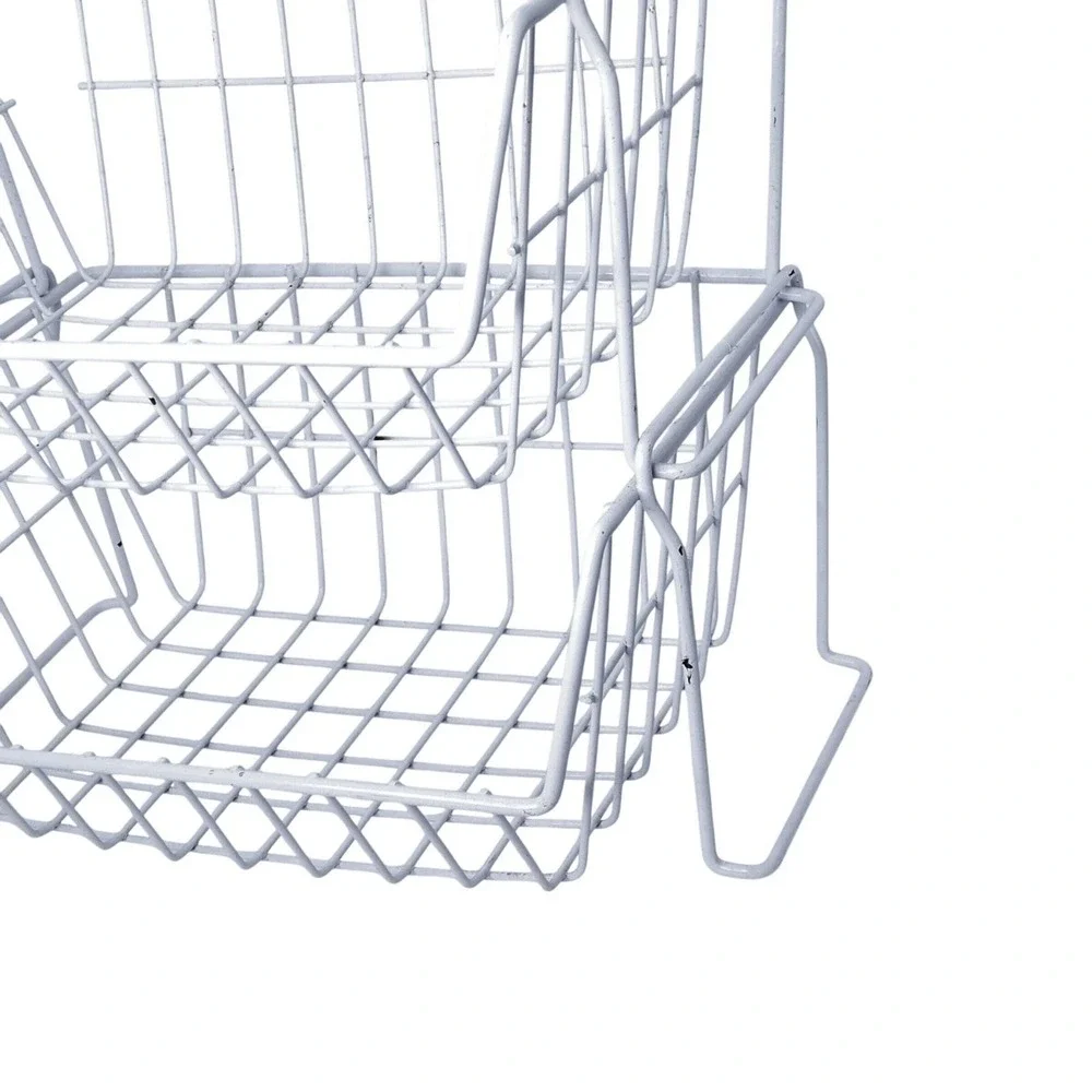 White Wire‎ Stacking Baskets Set 2 Heavy Duty Metal Storage Organizer 18x13x8in